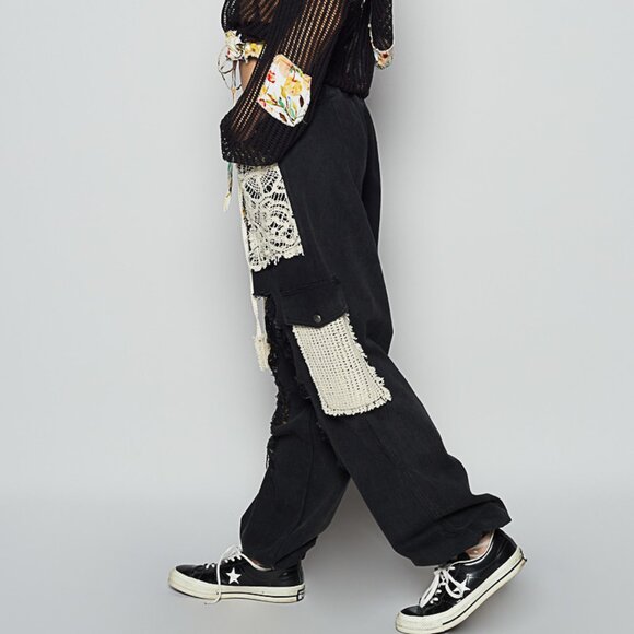 POL Distressed Twill Jogger Pants w/ Crochet Patches | Black | NWT | Large - Picture 2 of 5